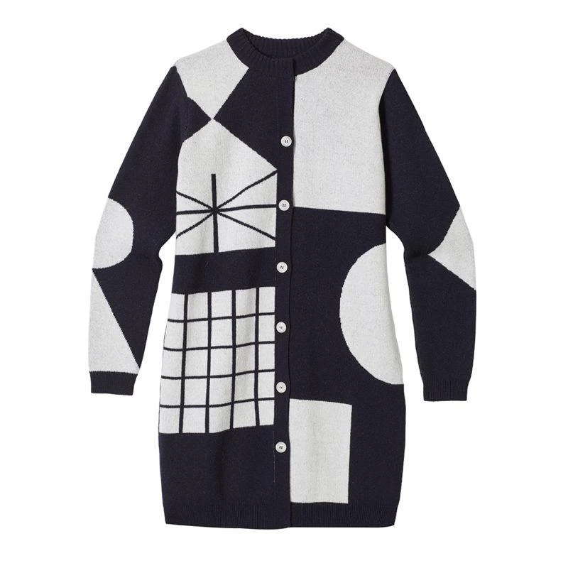 Donna Wilson Nachtblau Weißer Langer Cardigan Aus Lamwolle Donna Wilson Nachtblau Weißer Langer Cardigan Aus Lamwolle