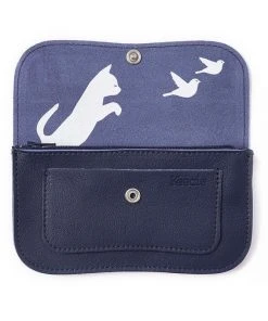 Keecie Cat Chase Wallet - Dunkelblaue Ledergeldbörse Mit Siebdruck Katzen