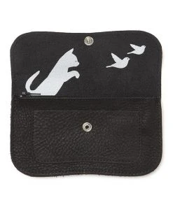 Keecie Cat Chase Wallet - Schwarze Ledergeldbörse Mit Siebdruck Katzen