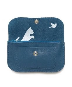 Keecie Cat Chase Wallet Small - Blaue Ledergeldbörse Mit Siebdruck Katzen Geldbörsen