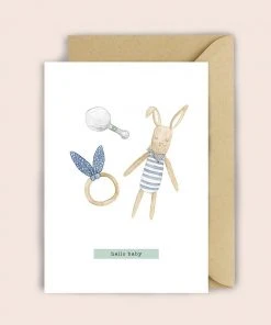 Luvter Paper Grußkarte Zur Geburt Hase, Rassel Und Greifring In Blau Glückwunsch Und Grußkarten