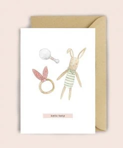 Luvter Paper Grußkarte Zur Geburt Hase, Rassel Und Greifring In Rosa Glückwunsch Und Grußkarten