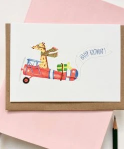 Pink Cloud Studio Grußkarte Zum Geburtstag Giraffe Im Flugzeug - Geburtstagskarte Glückwunsch Und Grußkarten